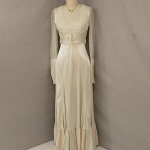 Vintage Gunne Sax Satin Maxi Dress Cream Ivory Corset Lace Romantic Fem Prairie